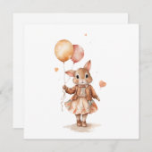 Invitation Aquarelle rétro Petite fille lapin avec ballons (Devant / Derrière)