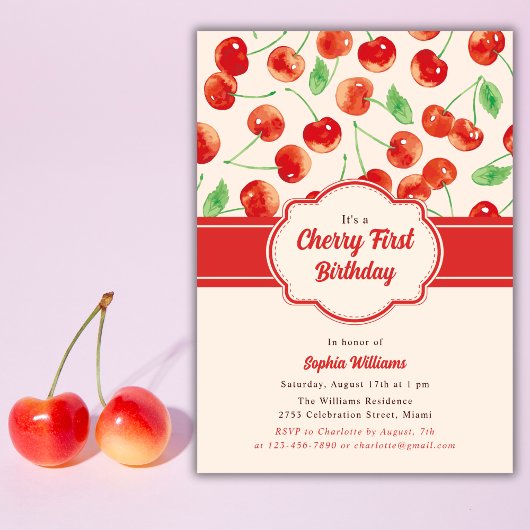 Invitation Aquarelle Retro Red Cherry Premier 1er anniversair