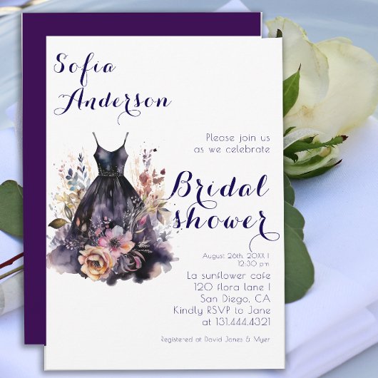Invitation Aquarelle robe noire violet douche nuptiale