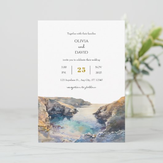 Invitation Aquarelle Rocky Coastal Sunset Cove Beach Mariage (Debout devant)