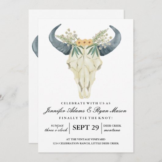 Invitation Aquarelle Rodéo Rustique | Fleurs de Mariage (Devant / Derrière)