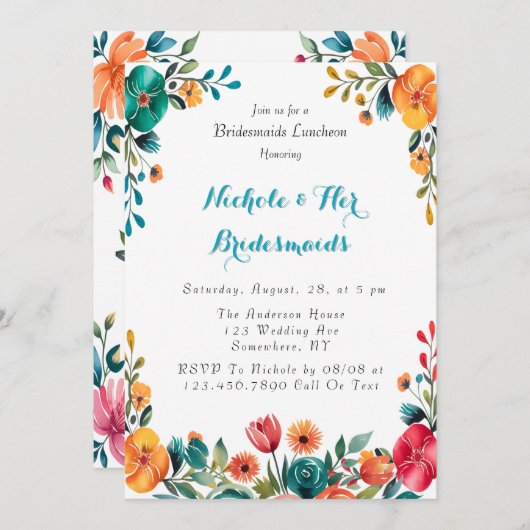 Invitation Aquarelle Romance Bridesmaitres Déjeuner (Devant / Derrière)