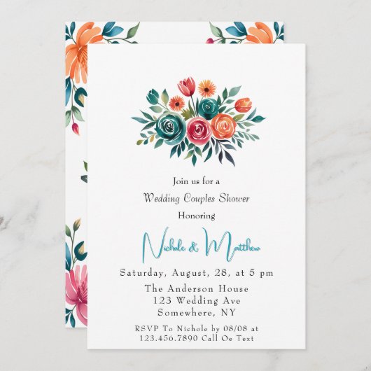 Invitation Aquarelle Romance Mariage Couples Douche (Devant / Derrière)