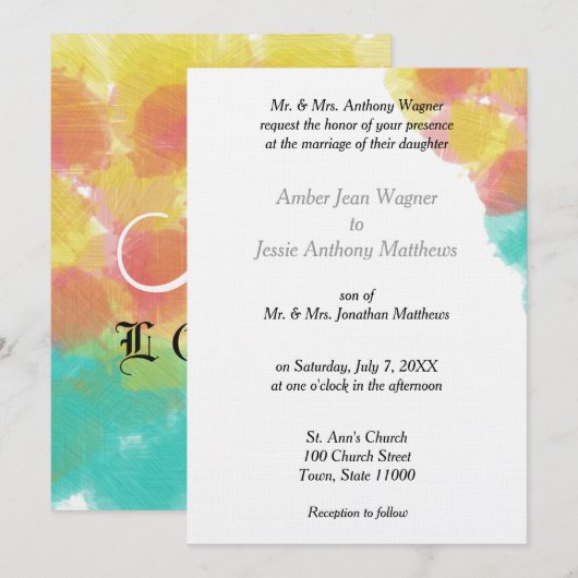 Invitation Aquarelle romantique bleu rose jaune Mariage (Devant / Derrière)