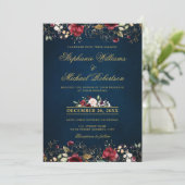 Invitation Aquarelle romantique bordeaux rouge marine or flor (Debout devant)