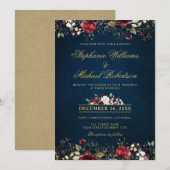 Invitation Aquarelle romantique bordeaux rouge marine or flor (Devant / Derrière)