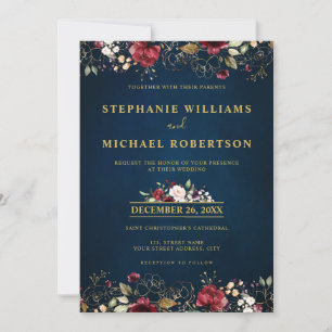 Invitation Aquarelle romantique bordeaux rouge marine or flor