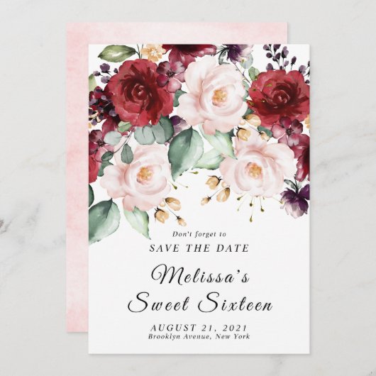 Invitation Aquarelle romantique Bourgogne Enregistrer la date (Devant / Derrière)