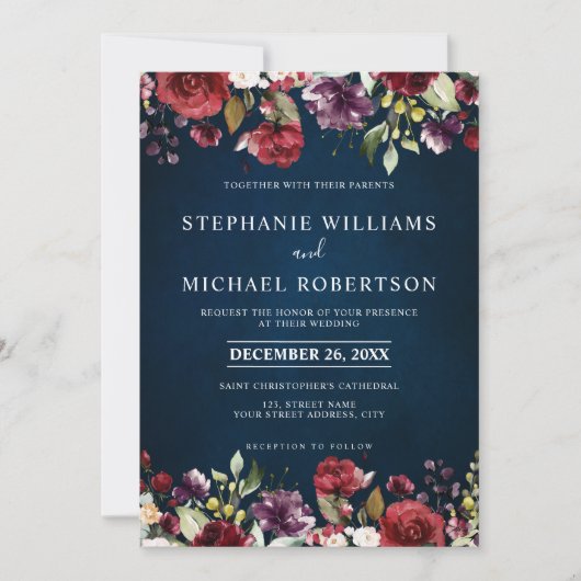 Invitation Aquarelle romantique Bourgogne Rouge Blush Marine  (Devant)