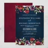 Invitation Aquarelle romantique Bourgogne Rouge Blush Marine  (Devant / Derrière)