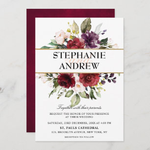 Invitation Aquarelle romantique Bourgogne Rouge Blush Rose Fl