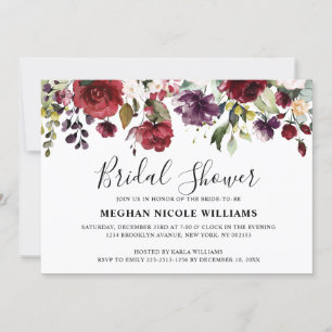 Invitation Aquarelle romantique Bourgogne Rouge Blush Rose Fl
