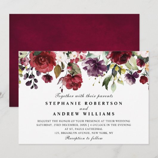 Invitation Aquarelle romantique Bourgogne Rouge Blush Rose Fl (Devant / Derrière)