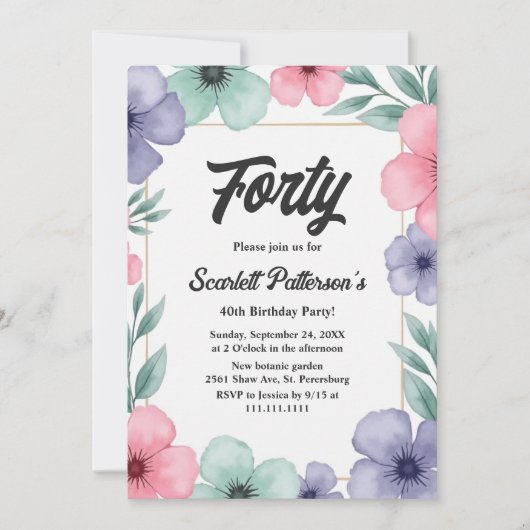 Invitation Aquarelle romantique Floral Rustique 40e anniversa (Devant)