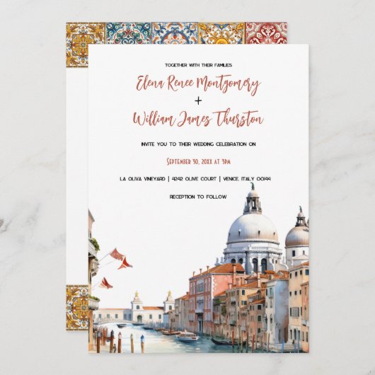 Invitation Aquarelle romantique Italie Destination Mariage (Devant / Derrière)