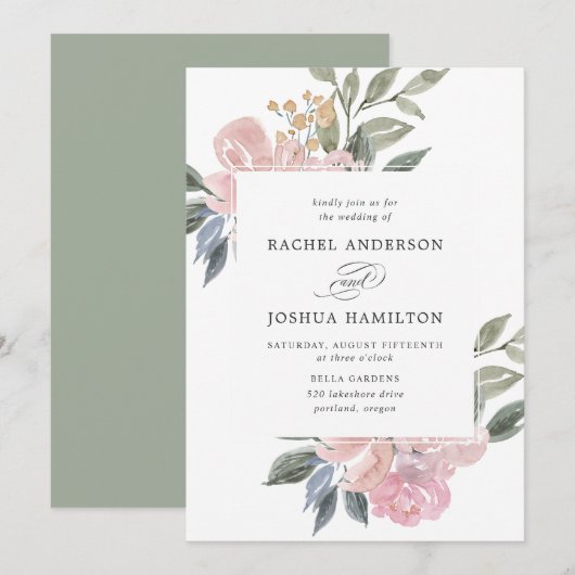 Invitation Aquarelle romantique Neutre Blush Floral | MARIAGE (Devant / Derrière)