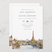 Invitation Aquarelle romantique Paris France Code QR Mariage (Devant / Derrière)