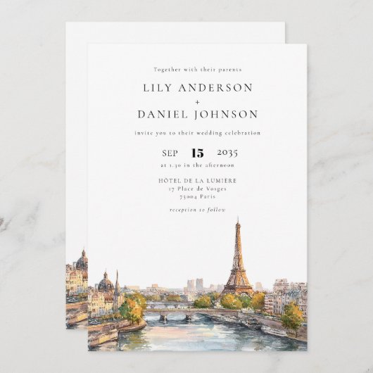 Invitation Aquarelle romantique Paris France Code QR Mariage (Devant / Derrière)