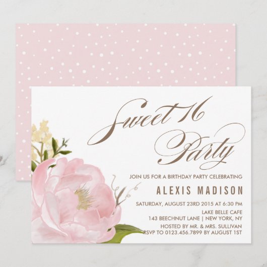 Invitation Aquarelle romantique Peony Sweet 16 fête d'anniver (Devant / Derrière)