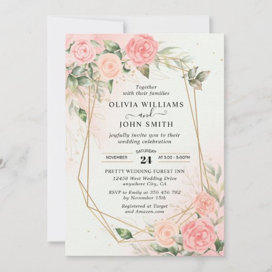 Invitation Aquarelle romantique rose Mariage rose F019 (Devant)