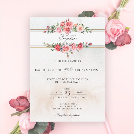 Invitation Aquarelle romantique Roses roses roses et calligra