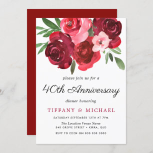 Invitation Aquarelle Romantique Roses Rouges 40e anniversaire