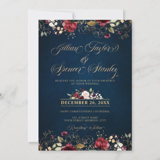 Invitation Aquarelle Romantique Rouge Bourgogne Or Fleurs (Devant)