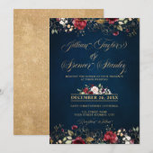 Invitation Aquarelle Romantique Rouge Bourgogne Or Fleurs (Devant / Derrière)