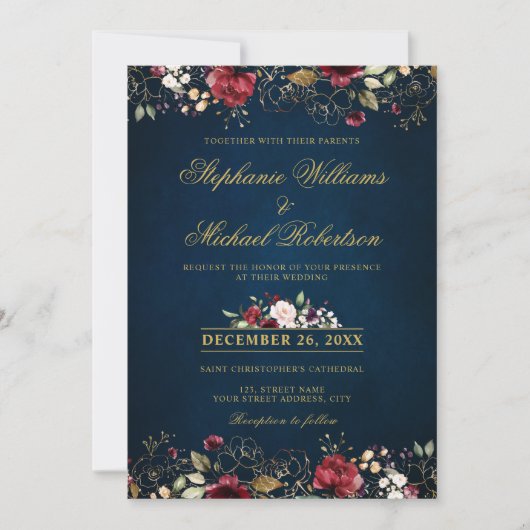 Invitation Aquarelle Romantique Rouge Bourgogne Or Fleurs (Devant)