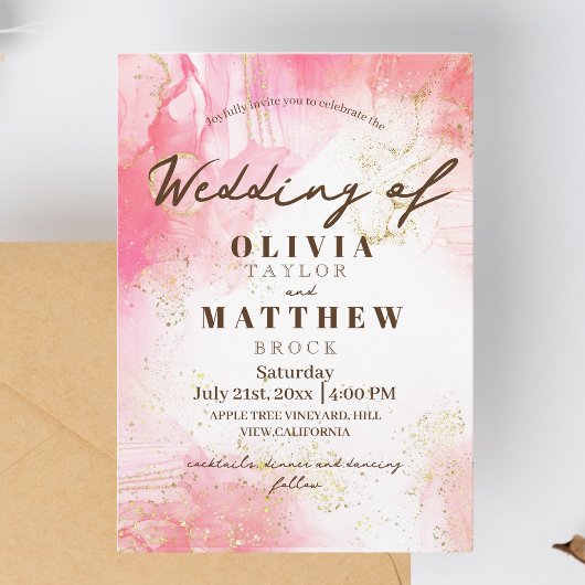 Invitation Aquarelle romantique rouge et or Mariage moderne