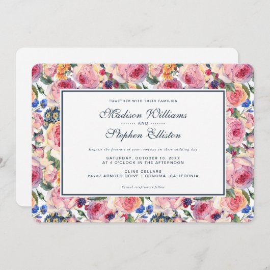 Invitation Aquarelle | Rose anglais - Mariage (Devant / Derrière)