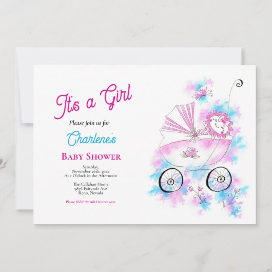 Invitation Aquarelle Rose & Aqua Bébé Fille En Poussette (Devant)