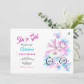 Invitation Aquarelle Rose & Aqua Bébé Fille En Poussette (Debout devant)