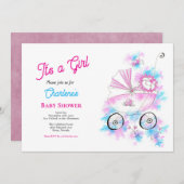 Invitation Aquarelle Rose & Aqua Bébé Fille En Poussette (Devant / Derrière)