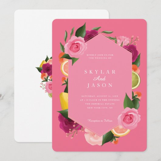 Invitation Aquarelle rose Aquarelle Fruit Citrus Floral Rose (Devant / Derrière)