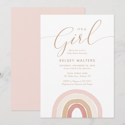 Invitation Aquarelle rose arc-en-ciel C'est une fille Baby sh (Devant / Derrière)