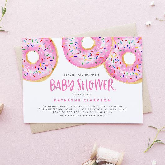 Invitation Aquarelle rose arroser Baby shower de beignes