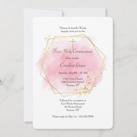 Invitation Aquarelle rose avec cadre doré (Devant)