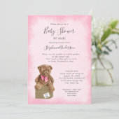 Invitation Aquarelle rose Baby shower Brown d'ours par courri (Debout devant)