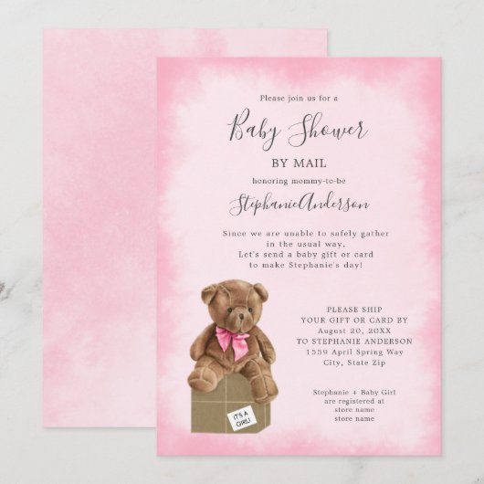 Invitation Aquarelle rose Baby shower Brown d'ours par courri (Devant / Derrière)