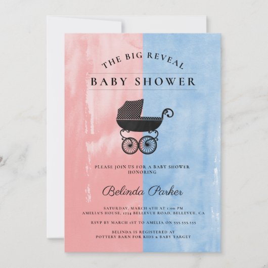 Invitation Aquarelle rose + Baby shower de révélation du genr (Devant)