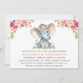 Invitation Aquarelle rose Baby shower d'éléphant Floral (Devant)