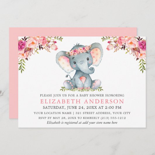 Invitation Aquarelle rose Baby shower d'éléphant Floral (Devant / Derrière)
