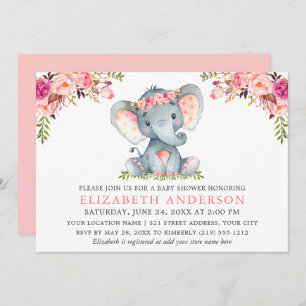 Invitation Aquarelle rose Baby shower d'éléphant Floral