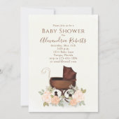 Invitation Aquarelle rose baby shower Élégant buggy florale (Devant)