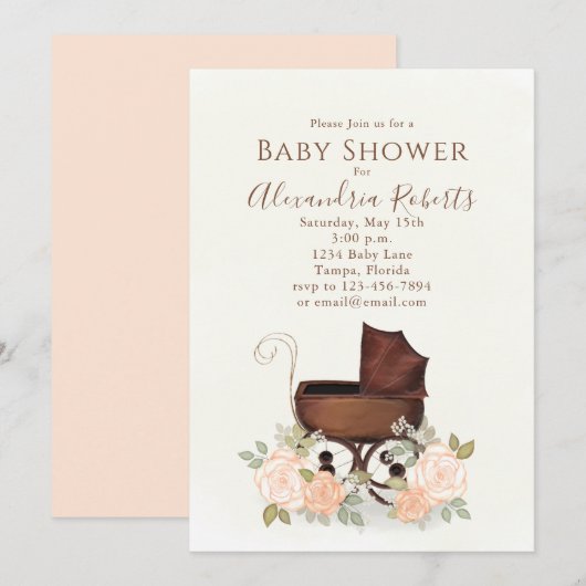 Invitation Aquarelle rose baby shower Élégant buggy florale (Devant / Derrière)