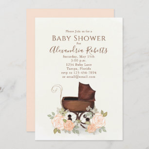 Invitation Aquarelle rose baby shower Élégant buggy florale