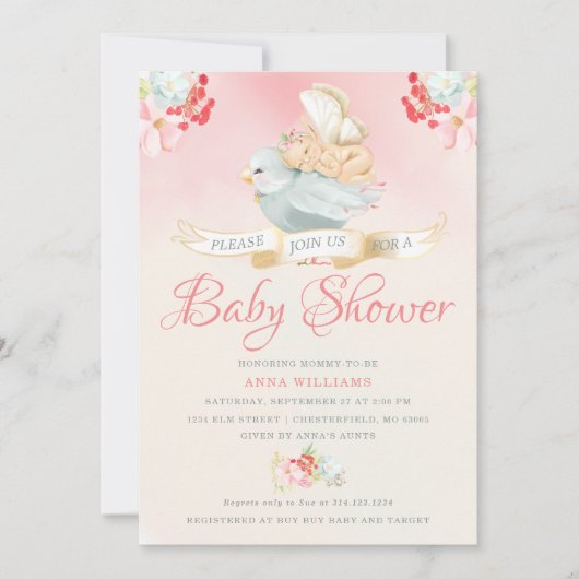 Invitation Aquarelle rose Baby shower Fée (Devant)