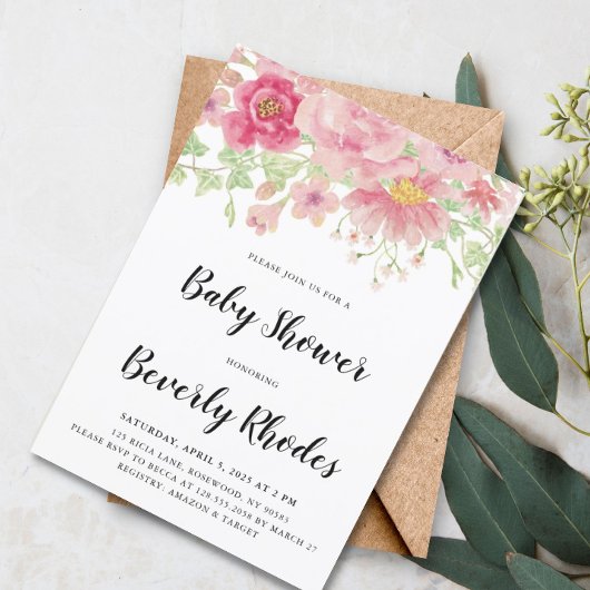 Invitation Aquarelle rose Baby shower Floral