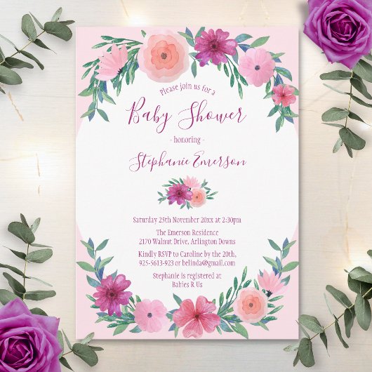 Invitation Aquarelle rose baby shower Floral